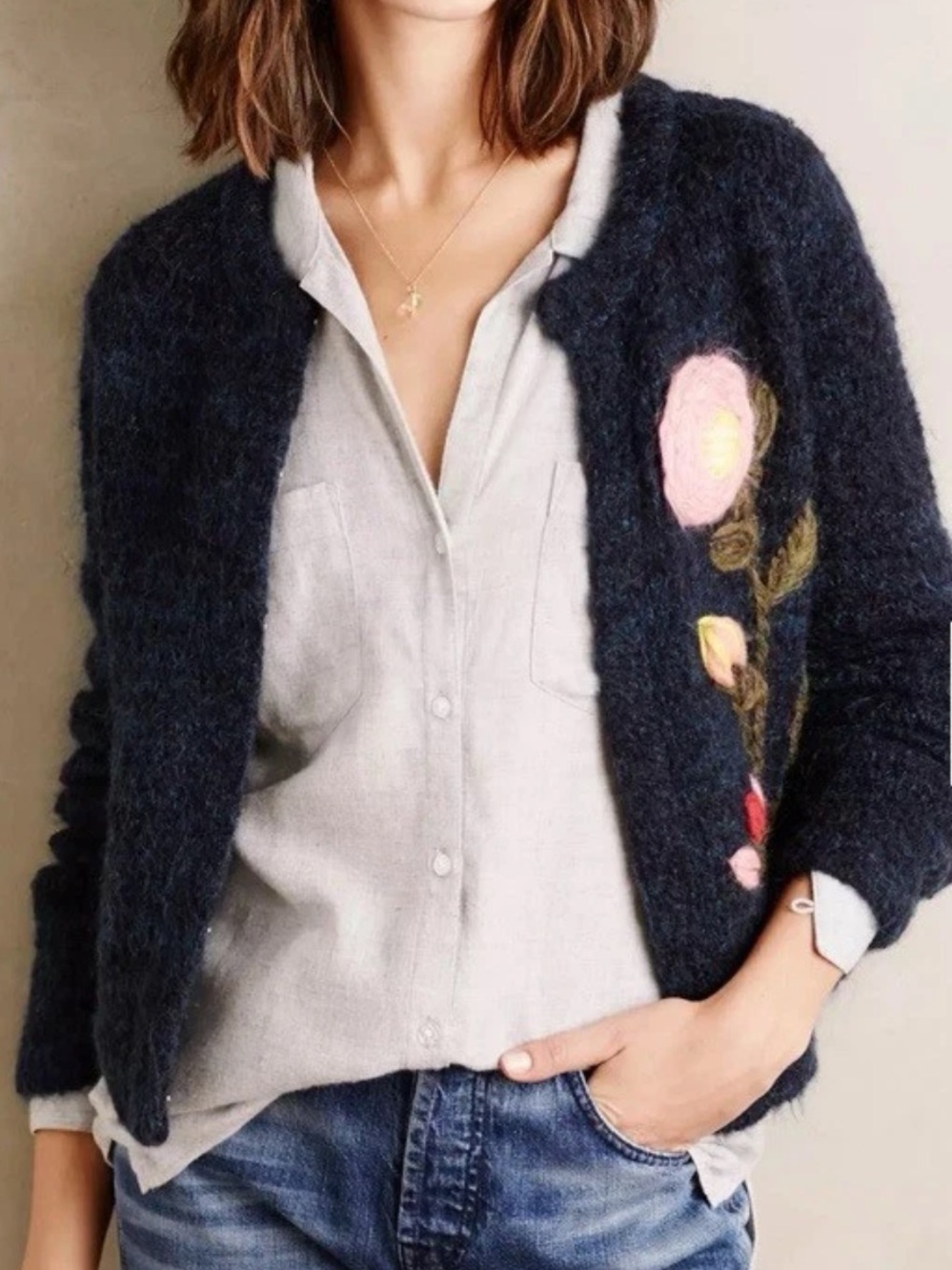Anthropologie Moth Navy Wool Alpaca Cardigan with Vertical Floral Appliqué